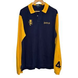 Vtg Ralph Lauren Polo Navy Yellow Lion Crest #4 Cotton Rugby Shirt Olde English